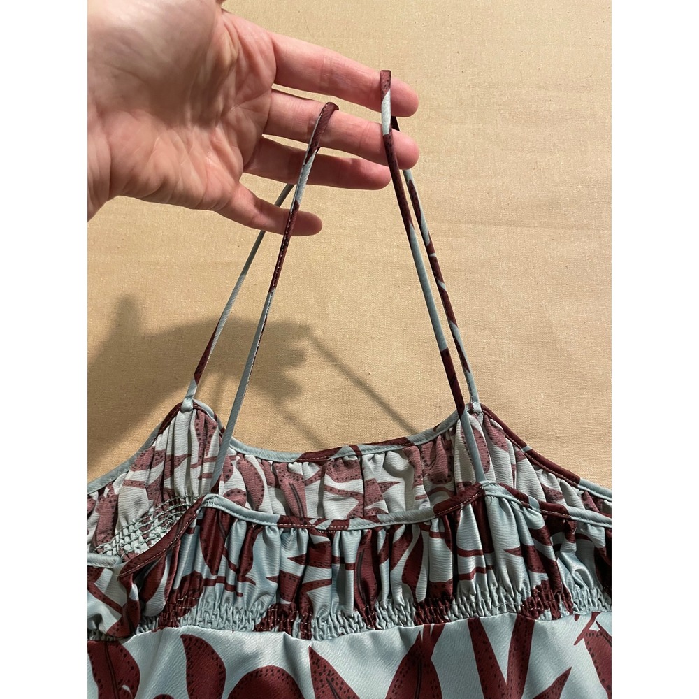 Anthropologie Maxi Slip Dress Size 1X Mint Green Brown Botanical Satin Leg Slit - Picture 12 of 14